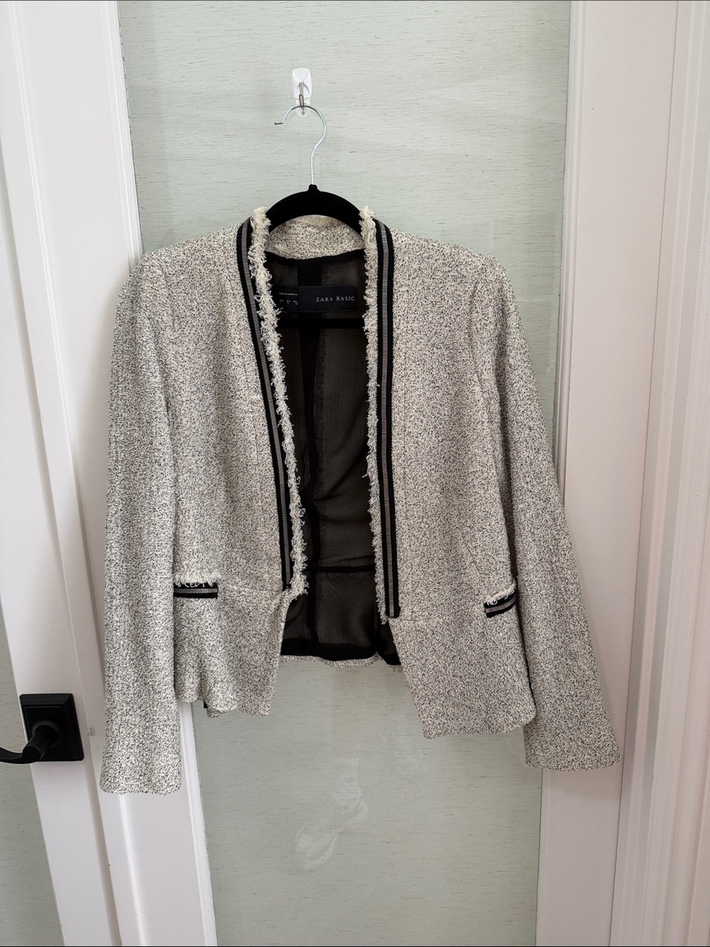 Zara Cream Bouclé Open-Front Blazer with Black Trim